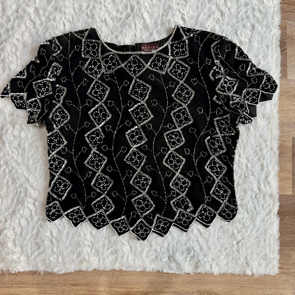 Vintage Black Sequined Beaded Top Zip Back Detail, Marina Bresler L